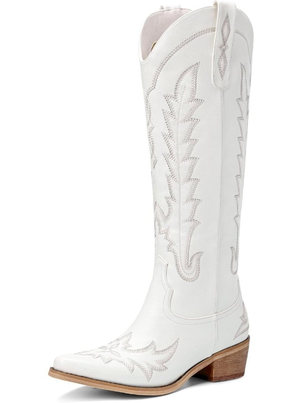 Women White Pull On Zipper Knee High Pointed Toe Chunky Cowgirl Boot
